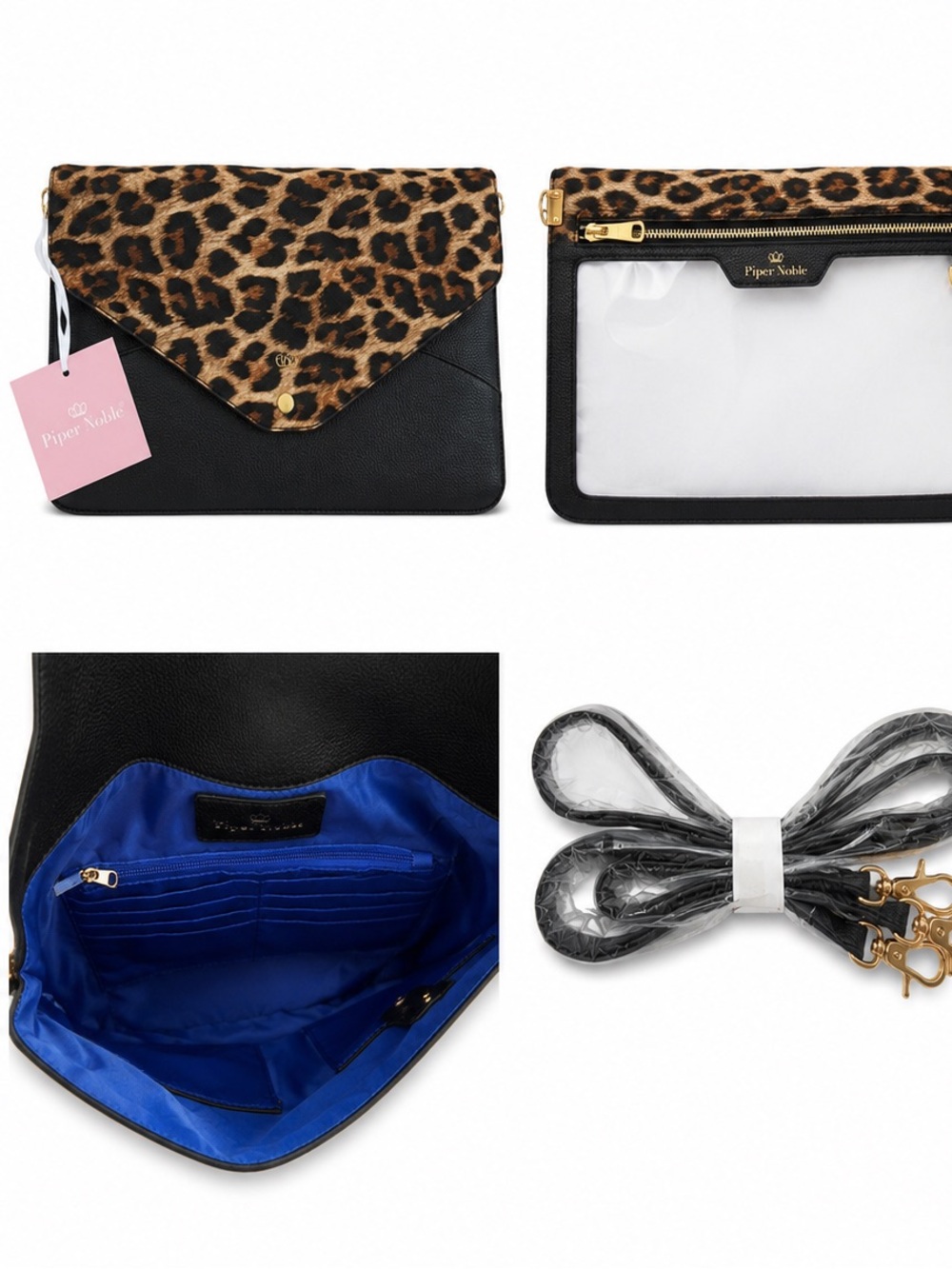 NWT Piper Noble Leopard Clear Crossbody Clutch Bag Black Gold Dust Bag